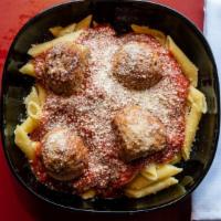 Rigati With Meatballs · Rigati topped with all beef meatball and marinara sauce. served with two slices of freshly-b...