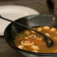 Tom Yum Shrimp(Pint) · Thai's favorite clear soup with shrimp green onion, mushrooms, lime leaves, lemon glass, lem...