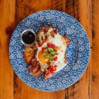 Fried Chicken & French Toast · Challah French toast, bacon, crispy chicken, sunny side egg,. harissa & poblano sauces, pick...