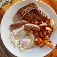 Americana · 2 eggs your way,* breakfast potatoes, multigrain toast, choice of bacon or sausage links