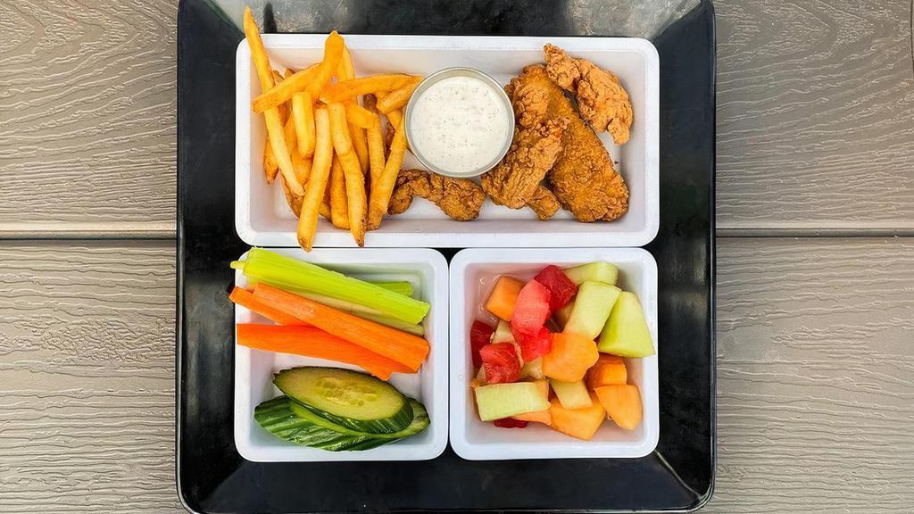 Fried Chicken Tenders · Served with frites, fruit and veggies.. Choice of dipping sauce