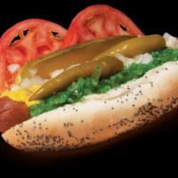Nick'S Signature Chicago Dog · Jumbo all beef. Steamed poppy seed bun with yellow mustard, neon green sweet relish, tomato ...