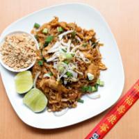 Pad Thai · Stir-fried rice noodles with bean sprouts, egg, green onions, and a Pad Thai sauce garnished...