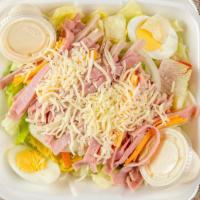 Julianne Salad · Turkey and ham,American, mozzarella, tomatoes, onions, cucumbers, pepperoncinis, and a hard ...