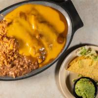 Casa Maria Dinner  · Two enchiladas topped with chilli and cheese sauce and one crispy taco, side of rice, beans ...