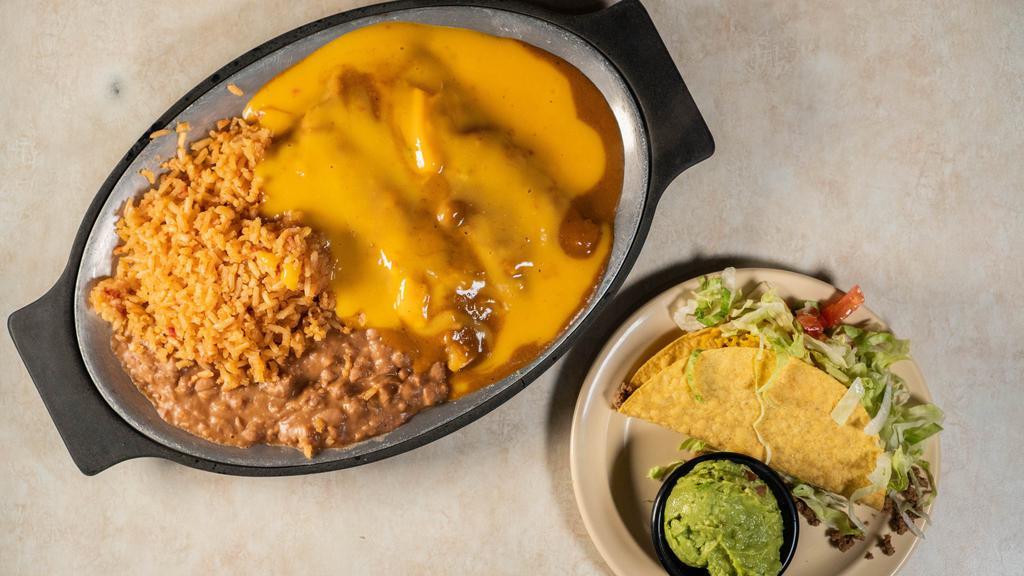 Casa Maria Dinner  · Two enchiladas topped with chilli and cheese sauce and one crispy taco, side of rice, beans and guacamole.