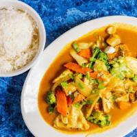 Veggies & Tofu · Spicy. Yellow curry with veggies and tofu, onions, coconut milk, peanut sauce, carrots, and ...