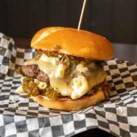 The Do Gooder Burger · Midwest Beef / Pepper Jack Mac & Cheese / Hot Pepper Jelly / Pepper Jack Cheese / Roasted Ja...