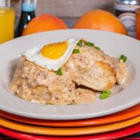 Biscuits & Gravy · buttermilk biscuits smothered in bacon gravy, sunny up egg