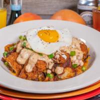 Southern Fried · cornflake-breaded chicken, breakfast potatoes, onions & peppers, cheddar, bacon gravy, scall...