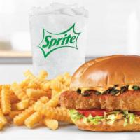 Spicy Jalapeno Chicken Sandwich · A spicy seasoned, buttermilk breaded chicken breast with shredded lettuce, tomato, and diced...