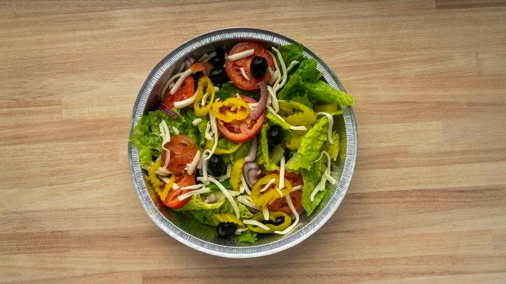 House Salad · Crisp romaine & iceberg lettuce with a mix of red onions & tomatoes, with black olives, banana peppers, & fresh mozzarella cheese.