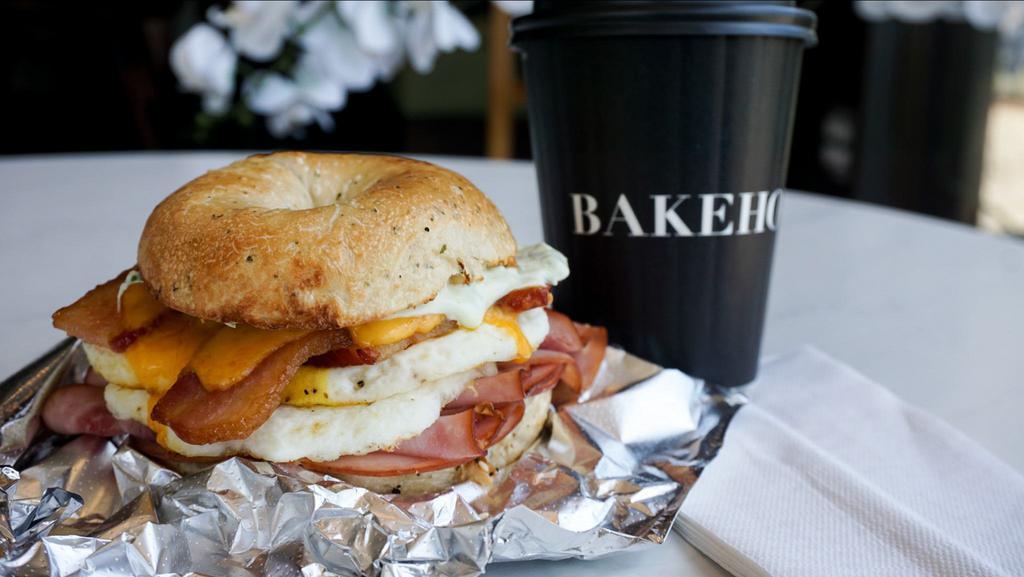 Big Baker  · Double the Ham, Double the bacon, Double the Egg, Double the Cheddar. Top it off with an Asiago Bagel and Scallion Cream Cheese