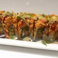 Angry Dragon Roll (8) · Shrimp tempura, avocado inside, topped with spicy crab and eel sauce on top.