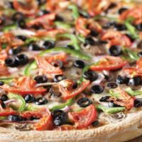 Veggie Deluxe Specialty Pizza · Mushrooms, red onions, green peppers, black olives, tomatoes, Wisconsin cheese blend and ori...