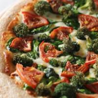 New York White Specialty Pizza · Broccoli, spinach, tomatoes and Wisconsin cheese blend on our buttery garlic sauce.