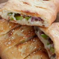 Veggie  Calzone · Mushrooms, Red Onions, Green Peppers, Black Olives & Tomatoes with Cheese. Pick Stromboli (s...