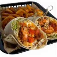 Buffalo Chicken Wrap · Chicken, lettuce, shredded cheese, tomato, choice of sauce & choice of dressing.  Served wit...
