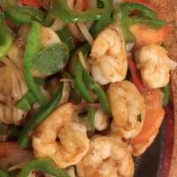 Shrimp Fajitas · Large shrimp with grilled onions, bell peppers and tomatoes.