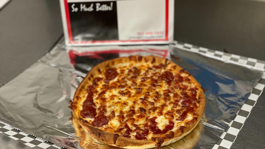 6 Inch Thin Pizza · A personal thin pizza made with fresh dough, garlic & herb butter, mozzarella cheese, John's sweet red sauce and your choice of pepperoni, sausage or cheese.