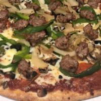 Da Works (14 Inch Large) · Our most popular pizza! Pepperoni, Italian sausage, mushrooms, black olives, green peppers, ...