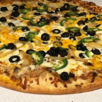 Mexican Extravaganza (14 Inch Large) · A thin & crispy pizza with a thin layer of refried beans, Cheddar cheese, black olives, saut...