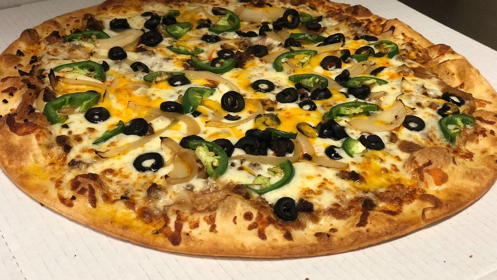 Mexican Extravaganza (14 Inch Large) · A thin & crispy pizza with a thin layer of refried beans, Cheddar cheese, black olives, sautéed onions, jalapeños and taco seasoned ground beef. Served with a side of our chunky-style salsa and sour cream.