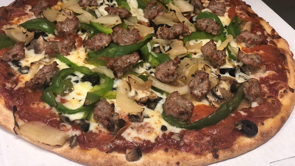 Da Works (16 Inch Mega) · Our most popular pizza! Pepperoni, Italian sausage, mushrooms, black olives, green peppers, sautéed onions and mozzarella with John's original sauce.