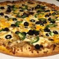 Mexican Extravaganza (10 Inch Small) · A thin & crispy pizza with a thin layer of refried beans, Cheddar cheese, black olives, saut...