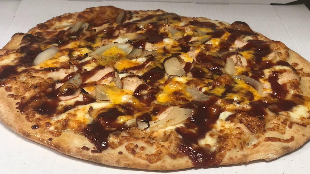 Bbq Chicken (14 Inch Large) · Oven-baked chicken, hickory honey barbecue sauce, sauteed onions, chopped sweet pickles, mozzarella and Cheddar on an olive oil brushed crust.