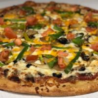 Meatless Wonder (10 Inch Small) · Fresh mushrooms, black olives, crisp green peppers, sautéed onions and fresh tomatoes with m...