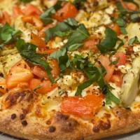 California Dreamer (12 Inch Medium) · An olive oil brushed crust covered with fresh tomatoes, artichoke hearts, sautéed onions and...