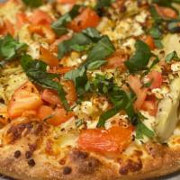 California Dreamer (16 Inch Mega) · An olive oil brushed crust covered with fresh tomatoes, artichoke hearts, sautéed onions and...