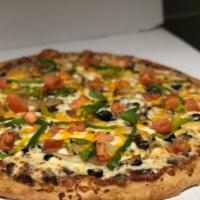 Meatless Wonder (14 Inch Large) · Fresh mushrooms, black olives, crisp green peppers, sautéed onions and fresh tomatoes with m...