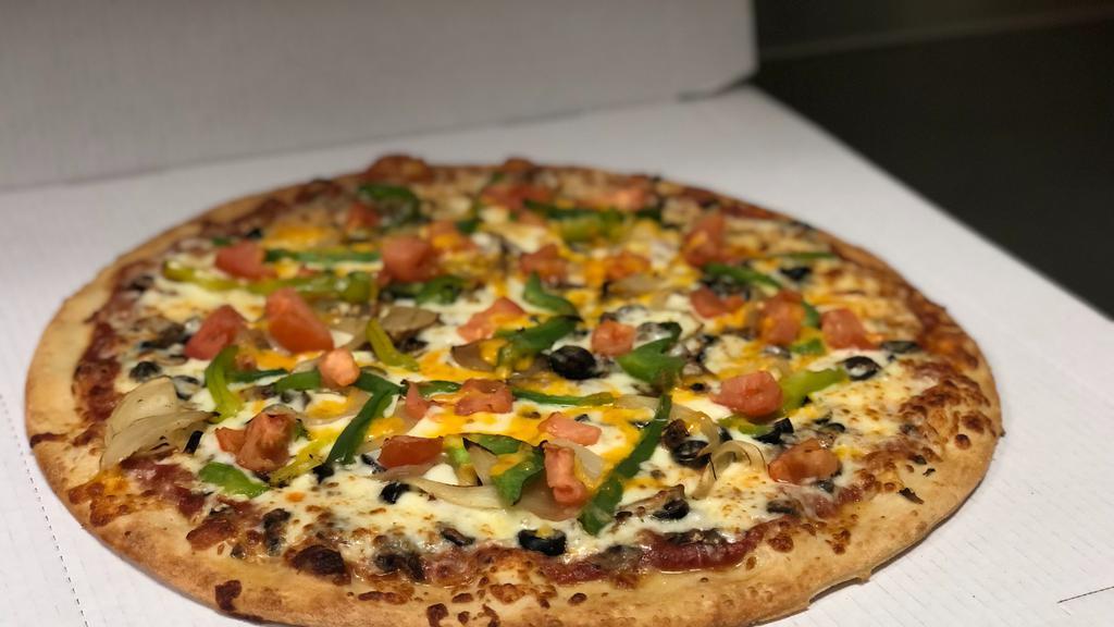 Meatless Wonder (14 Inch Large) · Fresh mushrooms, black olives, crisp green peppers, sautéed onions and fresh tomatoes with mozzarella and Cheddar on John's original sauce. For a tasty variation order it with John's garlic and herb sauce.