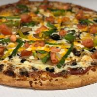 Meatless Wonder (16 Inch Mega) · Fresh mushrooms, black olives, crisp green peppers, sautéed onions and fresh tomatoes with m...