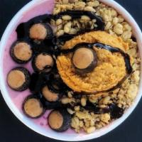 The Buckeye Bowl · Strawberry, Raspberry, Milk Choice, Peanut Butter, Chocolate Sauce. Topped with: Granola, Ch...