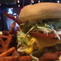 Flatire Blowout Burger · Lettuce, tomato, pickle, grilled onions, hickory-smoked bacon, fried egg, American cheese, f...