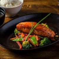 Salmon Teriyaki · Atlantic salmon, teriyaki, sauteed vegetables, white rice served with your choice of miso so...