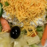 Chef Salad  Drink And Chips · Vegetables with ham, turkey cheese & eggs. Your choice of dressing.