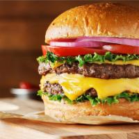 Bb'S Double Cheeseburger · Two beef patties with cheese on a hamburger bun, topped with lettuce, tomato, pickle, ketchu...