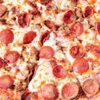 Meat Lovers Pizza · In-house pizza sauce, cheese, Canadian bacon, pepperoni, hamburger, sausage, and crispy bacon.