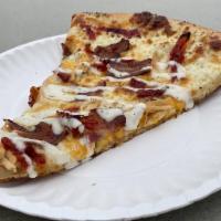 Stairway To Heaven Slice · XL slice with alfredo sauce, mozzarella, cheddar, seasoned chicken breast, bacon strips and ...