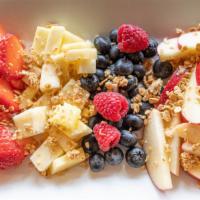 Apple Berry Delight · Apples, strawberries, blueberries, pineapple, granola with almonds, and caramel.