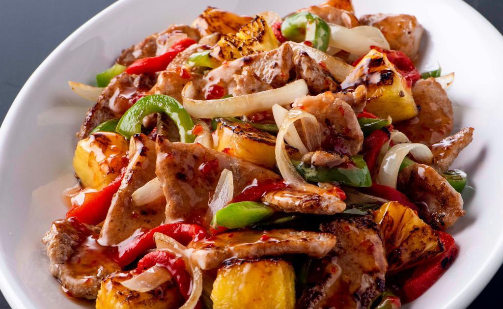 Sweet & Sour Bowl · Your choice of protein with roasted red peppers, green peppers, yellow onions, and pineapple in Sweet and Sour sauce.
