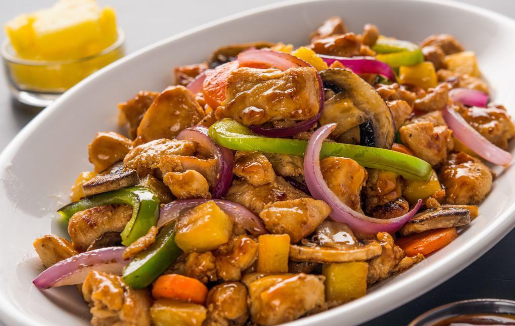 Teriyaki Bowl · Your choice of protein with carrots, green onions, mushrooms, green bell peppers, pineapple and ground ginger in a sweet Teriyaki sauce.