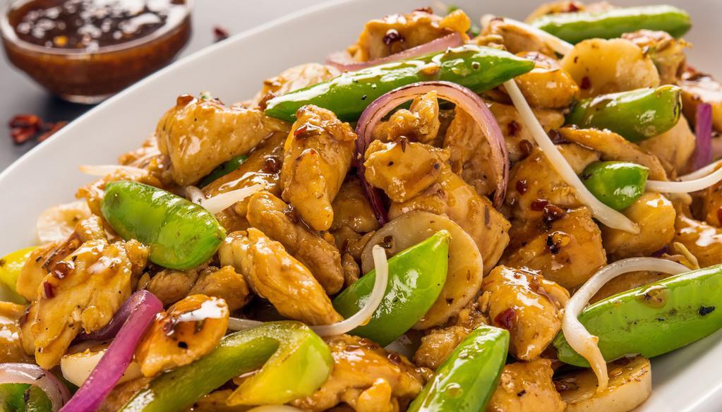 Kung Pao Bowl · Your choice of protein with yellow onions, green bell peppers, pea pods, water chestnuts, and bean sprouts in our signature Kung Pao sauce.