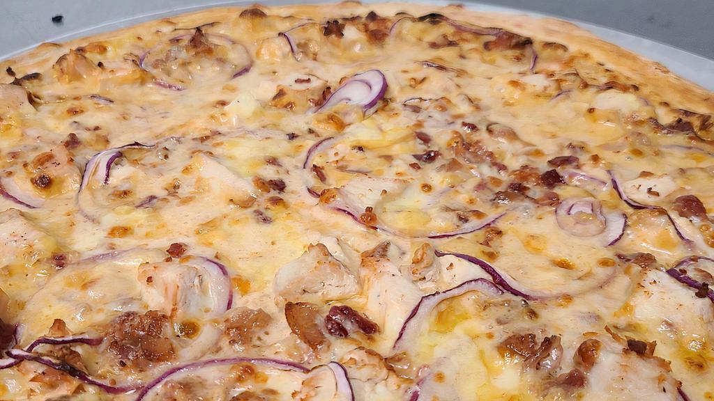 It’S Smokin' Gouda · Smoked Gouda cheese, Mozzarella/provolone cheese, chicken, bacon, red onion, with Chipotle cream sauce base.