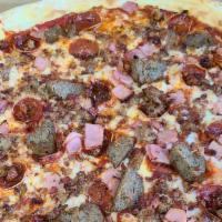 Meat Pie · Pepperoni, sausage, meatball, ham, bacon, and mozzarella/provolone cheeses