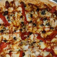 Bbq Chicken Pizza · BBQ sauce, chicken, black bean corn salsa, cheese, roasted red peppers.